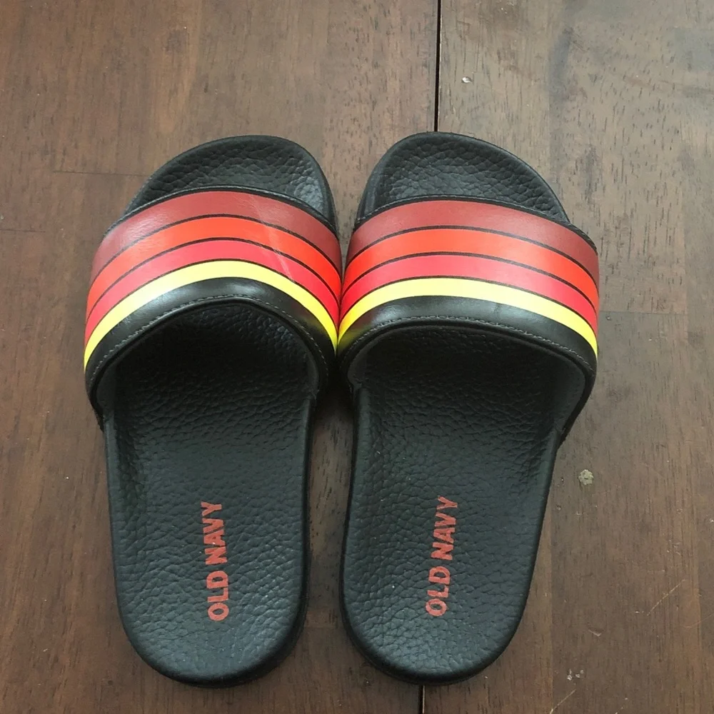 Old Navy Slide Sandals with Red and Yellow Stripe Accents